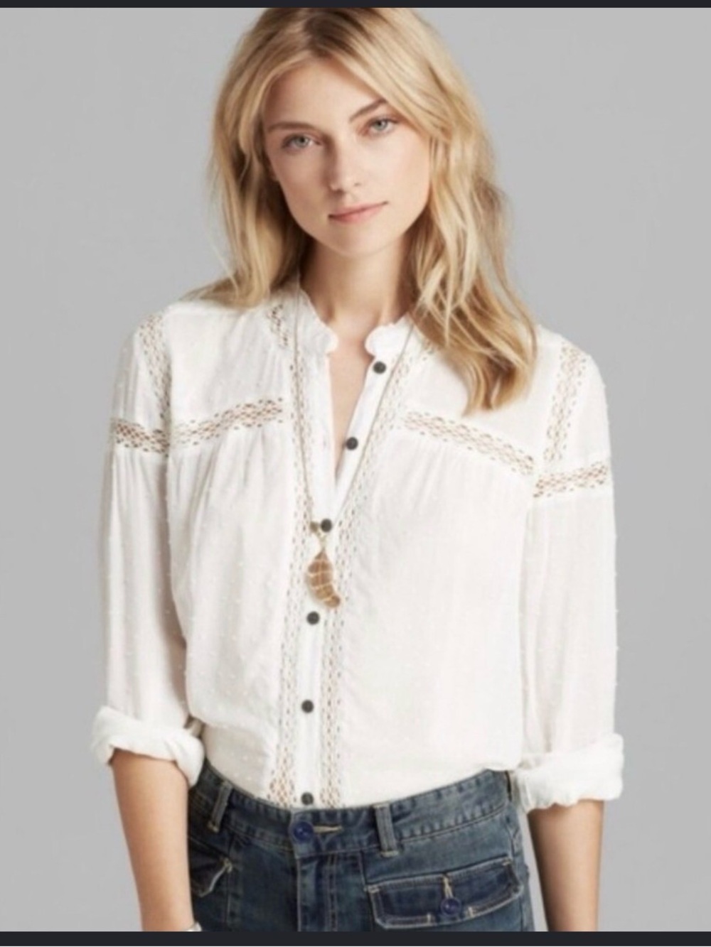 Free People White Swiss Dot Crochet Yoke Button-Down Top